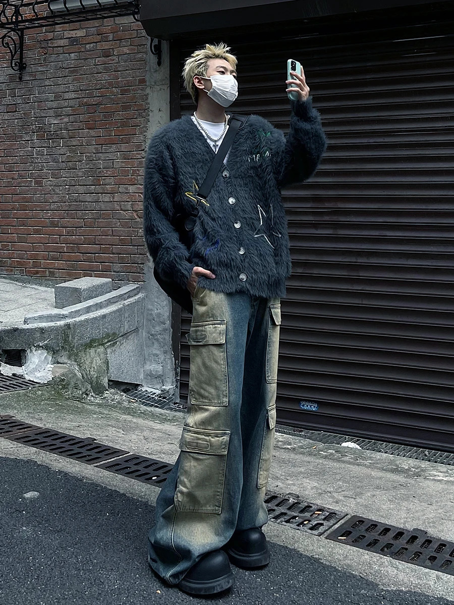 ReddaChic Star Y2k Mohair cardigan mens embroidered V-neck long sleeved button up front knit jacket Grunge vintage clothing 241007