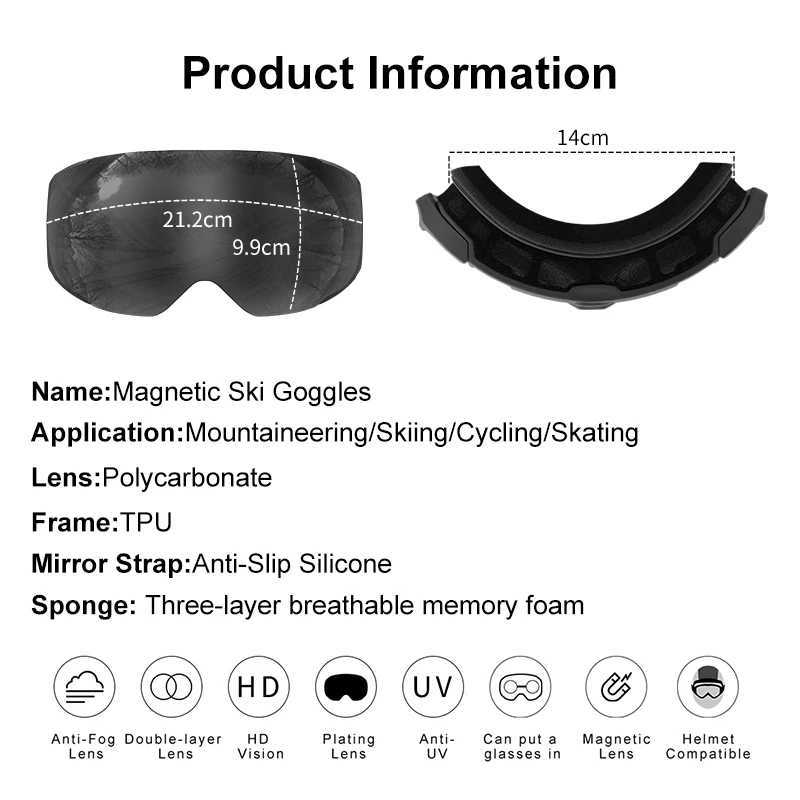 PHMAX frameless UV400 protective winter magnetic ski goggles snow goggles interchangeable lens for men and women CL241010