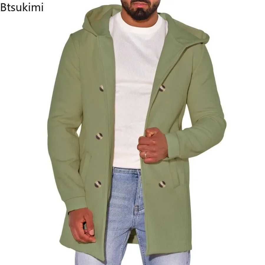 2024 Mens Woolen Hooded Jackets Mid Length Slim Straight Jackets Outerwear Men Autumn Winter Warm Outdoor Windbreaker Blends LX241010