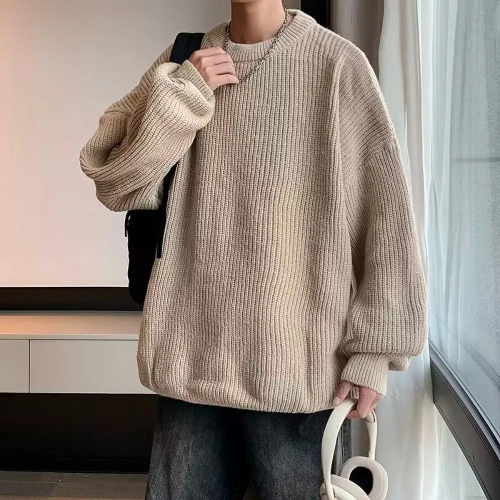 Mens wool sweater autumn and winter slim fit streetwear mens Korean fashion solid clothing casual knitted sweater mens latte art 241007