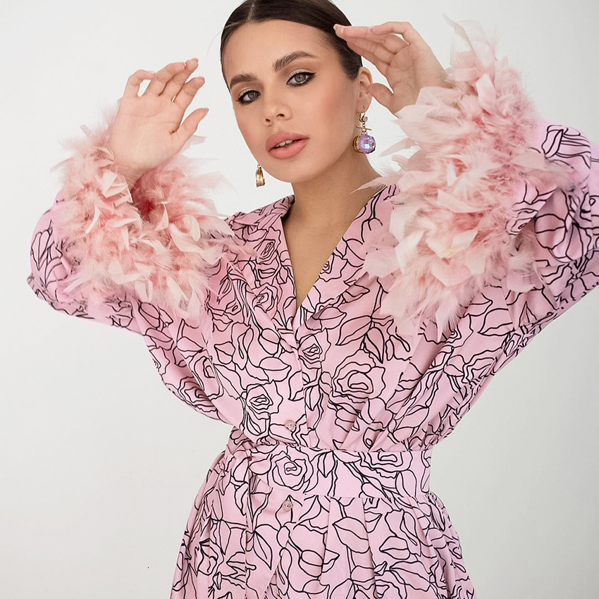 Wers Print Feather Sleeves Sleepwear Abstract Pattern Loungewear Women Pama 2022 Fashion Women's Clothing Sets Suit