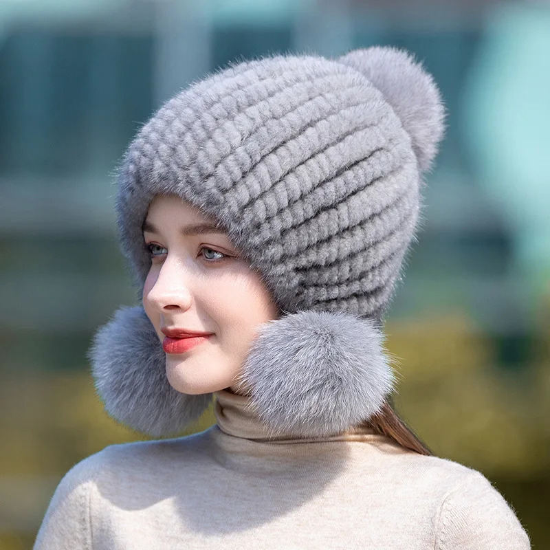Winter selling womens real mink fur hat knitted ear warm spiral bean with fox fluffy top 241009