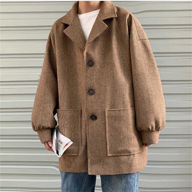 Mens Woolen Coats Korean Style New Windbreaker Single-breasted Fashion Solid Color Loose Woolen Jackets Male 2022 LX241010