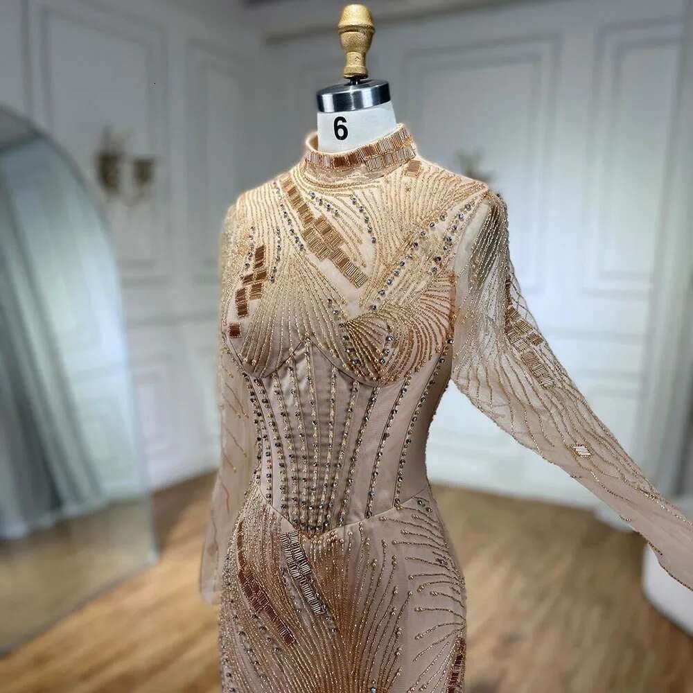 Wasisi Dubai Gowns Prom Dress Nude Illusion Pearls Beaded Feathers Mermaid Long Evening Dresses 2024 For Women Party