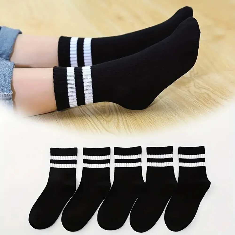 5 pairs of womens mid length socks with solid color parallel stripes Simp Fashionab sweatshirt Absoing high-quality womens socksW241010