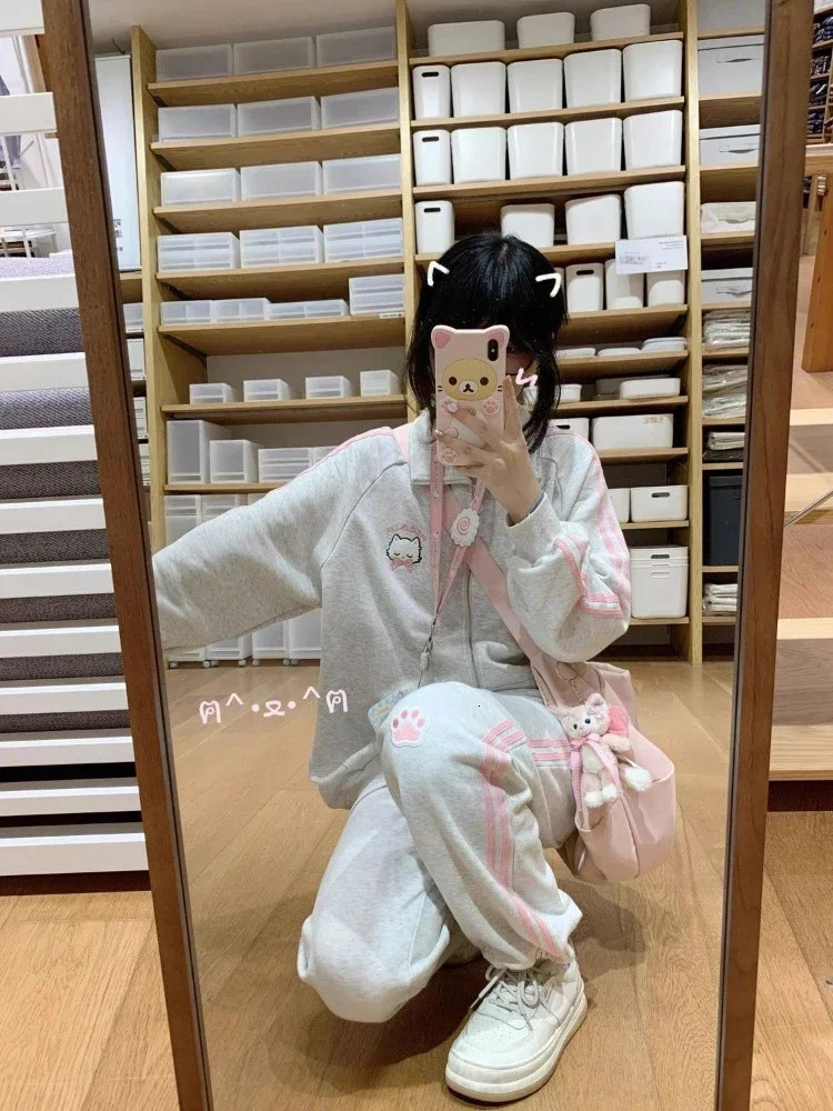 HOUZHOU Japanese Fashion Kawaii Zipper Hoodie Womens Harajuku Cute Pink Cat Embroidery Super Large Sweater Winter 241010
