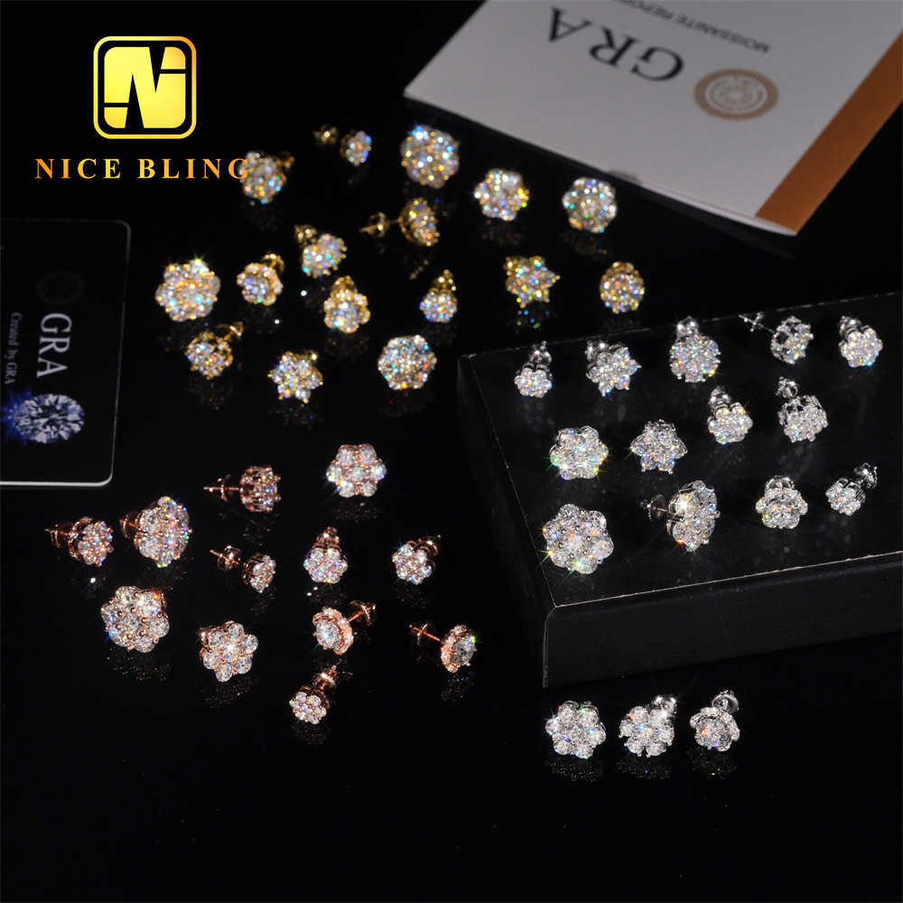Hot Sale Pass Tester Hip Hop Sier Gold Plated VVS Dia Moissanite wer Stud Earrings Cluster