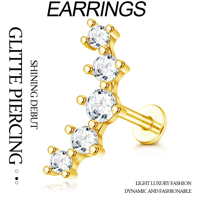 G23 Titanium Cartilage Earrings for Women 16G Pure Titanium Flat Back Stud for Sensitive Ear 14K Gold Cartilage CZ Stud Earrings Internally Threaded C