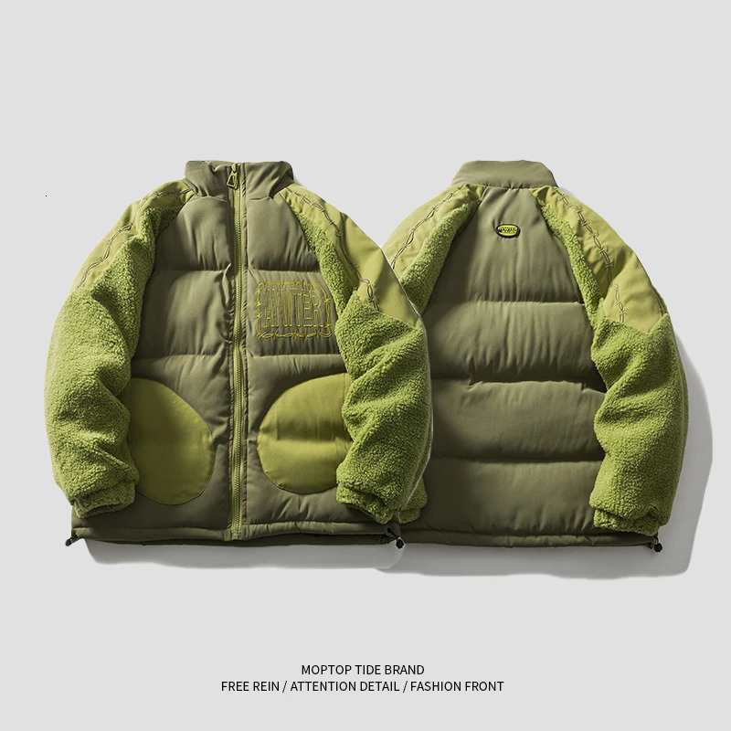Mens Japanese American Sherpa patchwork warm cotton coat fashionable winter collar thick casual loose park jacket 241007