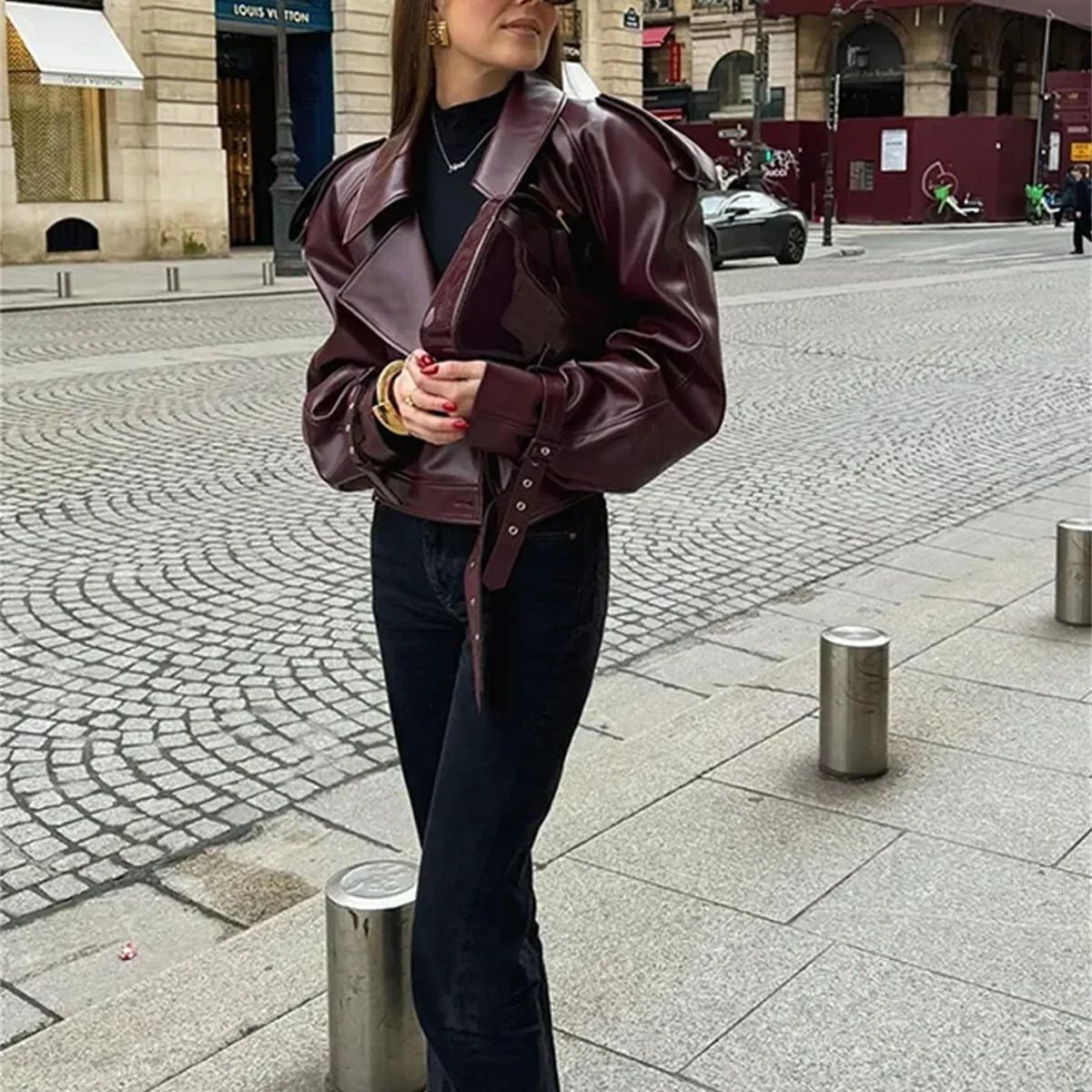 Fashion Lapel Leather Jacket 2024 Autumn Winter Women's Jackets Vintage Long Sleeve Crop Coats Belt High Street New In Outerwear
