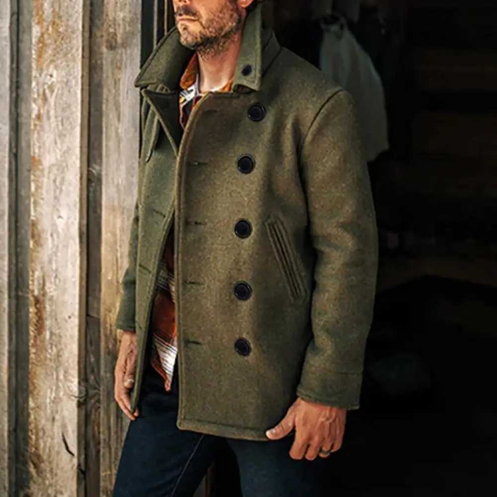 Wool Blend Trench Coat Elegant Mens Woolen Double-breasted Coat with Lapel Pockets Stylish Mid-length Winter for Men for Cold LX241010