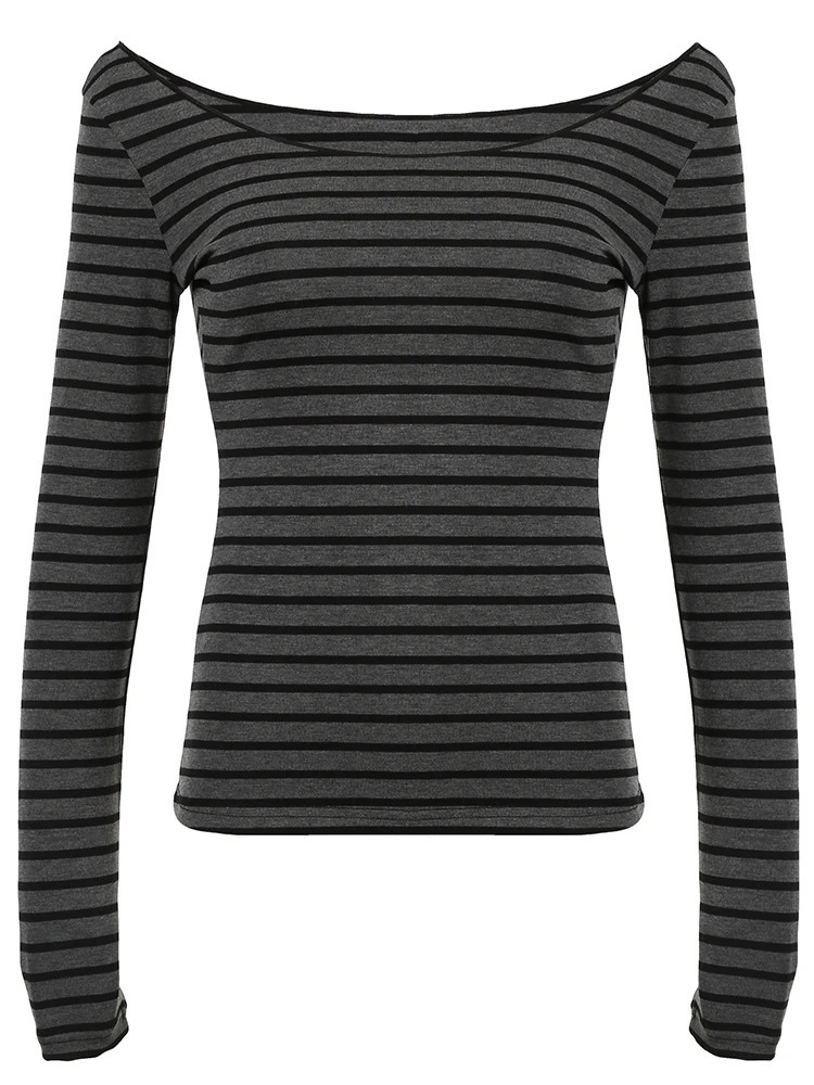 Japanese Basic Slim Long Sleeve Stripe Tee Off Shoulder O Neck Korean Street Style Spring Autumn Y2K Gray T Shirt Women 241010