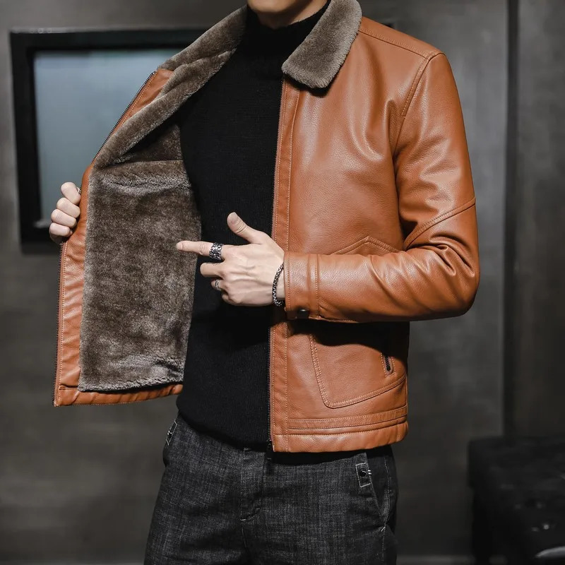 Winter leather jacket mens fashionable lapel plush thick fur casual mens leather jacket fashionable jacket 241010