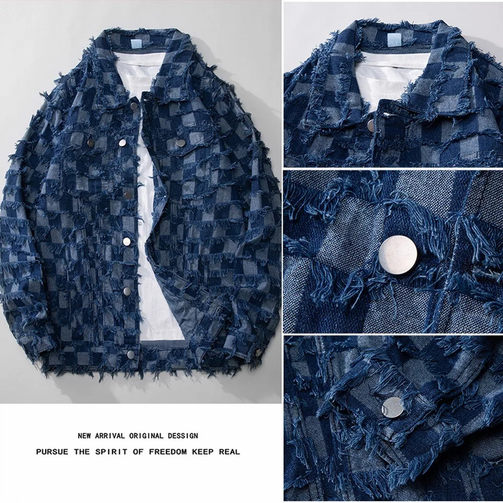 Spring and autumn vintage blue checkered denim jacket pure cotton Jaqueta jeans street loose Chaquetas Hombre mens 241007