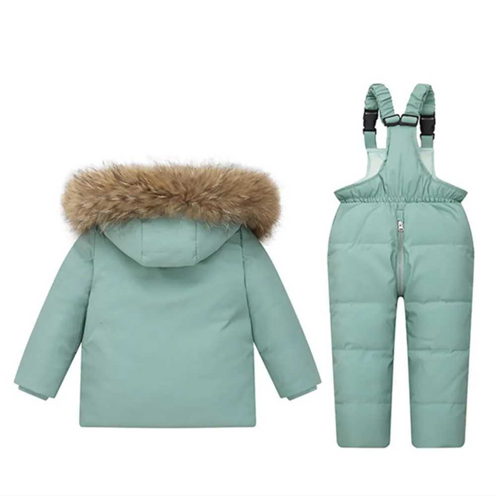 Down Coat Winter Warm 90% White duck down Jacket Toddler Girl clothes Overalls Baby Boy Coat parka real fur Children Clothing Set 2pcs H241010