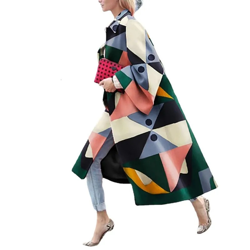 Autumn Winter Wool Coat Womens Printed Open Collar Large Coat Womens Long Sleeve Collar Warm Wool Trench Coat 241007