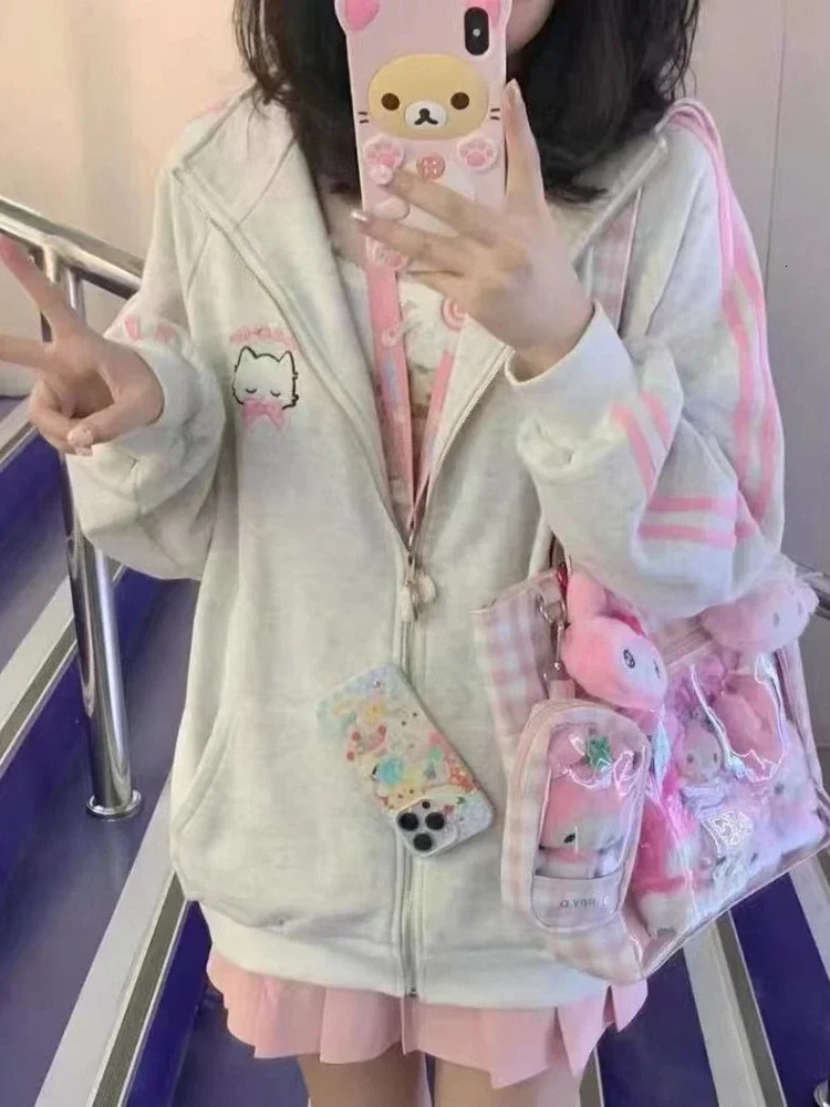 HOUZHOU Japanese Fashion Kawaii Zipper Hoodie Womens Harajuku Cute Pink Cat Embroidery Super Large Sweater Winter 241010