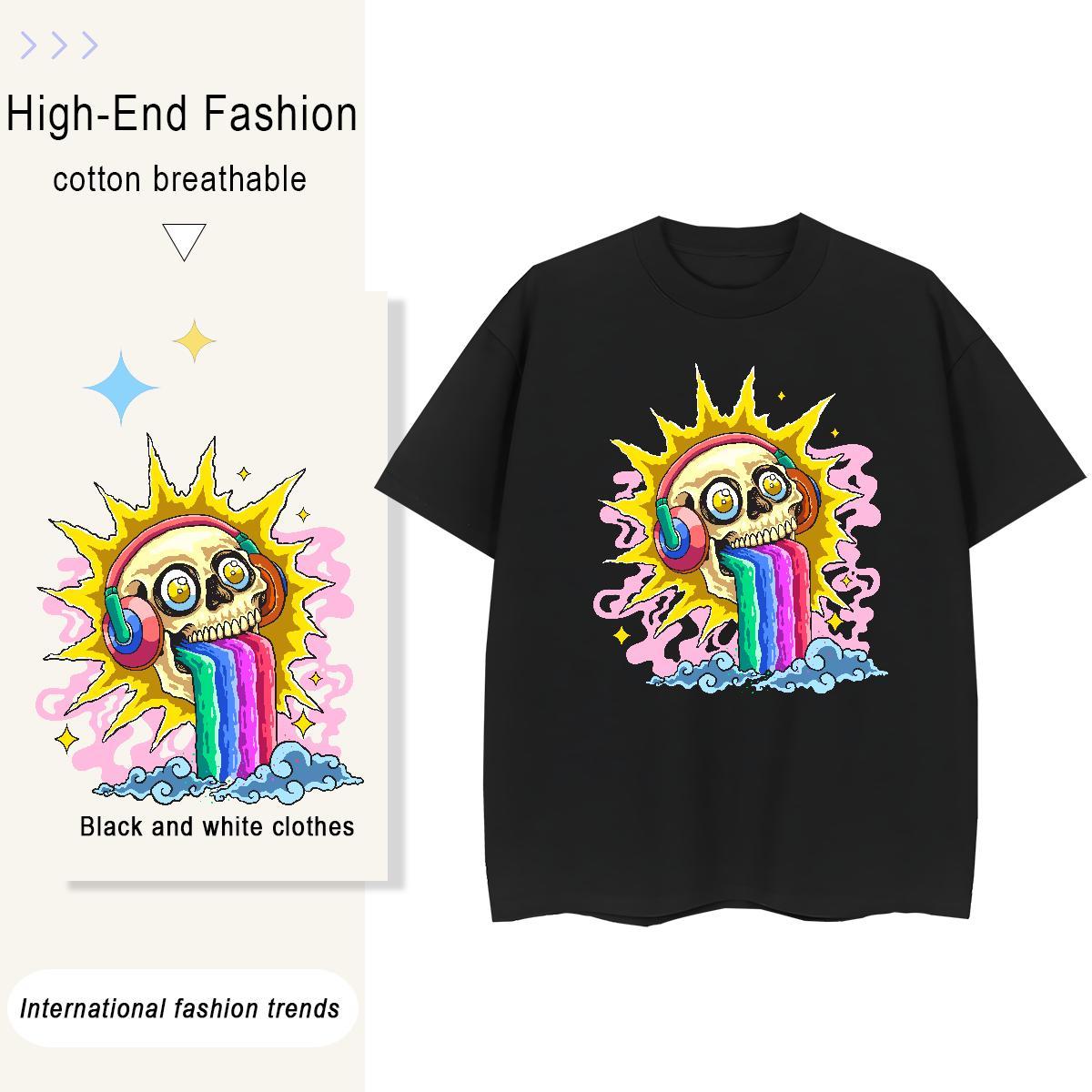 Fashion Womens T Shirts 230g Cotton Short Sleeve O-Neck Home Outdoor skull Women Tshirts Loose fit Plus Size Cartoon Wear