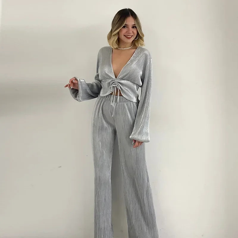 Laxsesu Two Piece Pant Sets Sexy Outfits Womens Knitted Long Puff Sleeve TopWide Leg Pants Set Street Clothing 241008