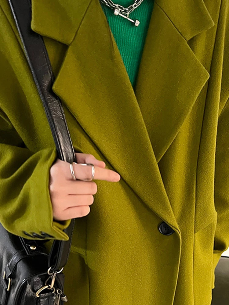 Lautaro Spring Autumn Long Green Oversized Trench Coat for Women Single Button Loose Casual Overcoat Korean Fashion 240930