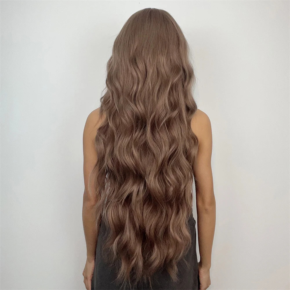 Ultra long curly chocolate brown synthetic hair wig with bangs African female role-playing water wave natural heat-resistant wig 241007