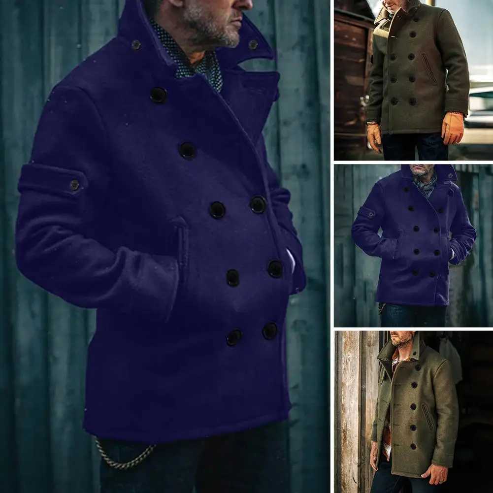Wool Blend Trench Coat Elegant Mens Woolen Double-breasted Coat with Lapel Pockets Stylish Mid-length Winter for Men for Cold LX241010