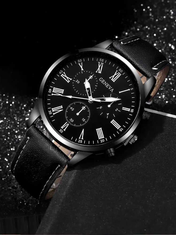 3PCs Fashion Business Casual Mens Belt Quartz Watch with PU Leather Woven Bracelet Necklace Combination SetX241010