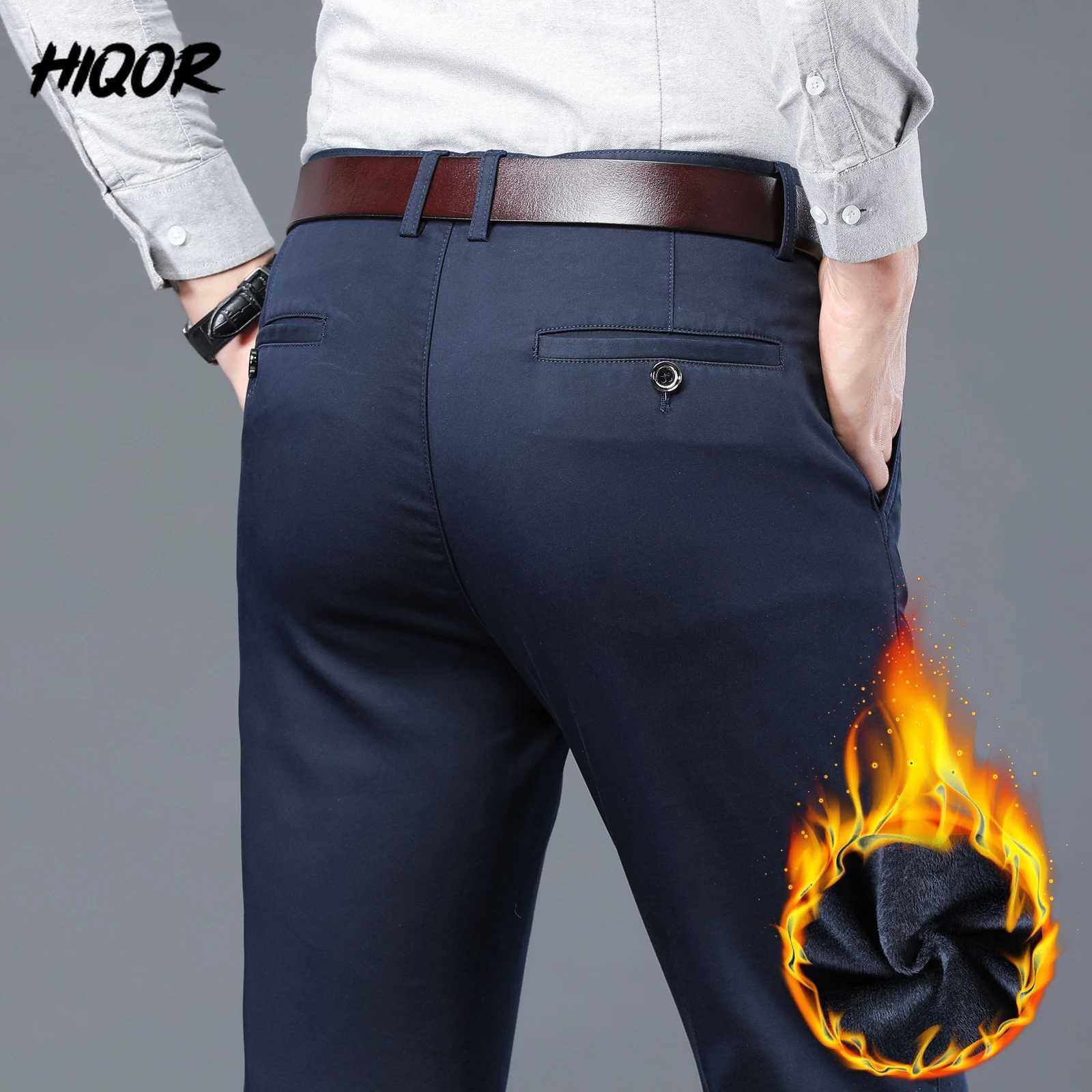 HIQOR Winter Wool Mens Casual Pants Elastic Solid Business Straight Pants Office Set Pants Autumn Pocket Pants Ropa Hombre W241009