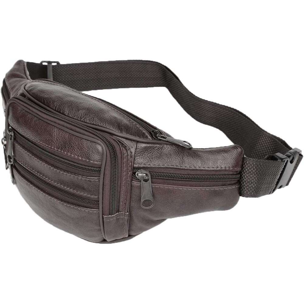 Cowhide Leather Large Size 7 Pockets Fanny Pack, Waist Pack (Dark Brown)