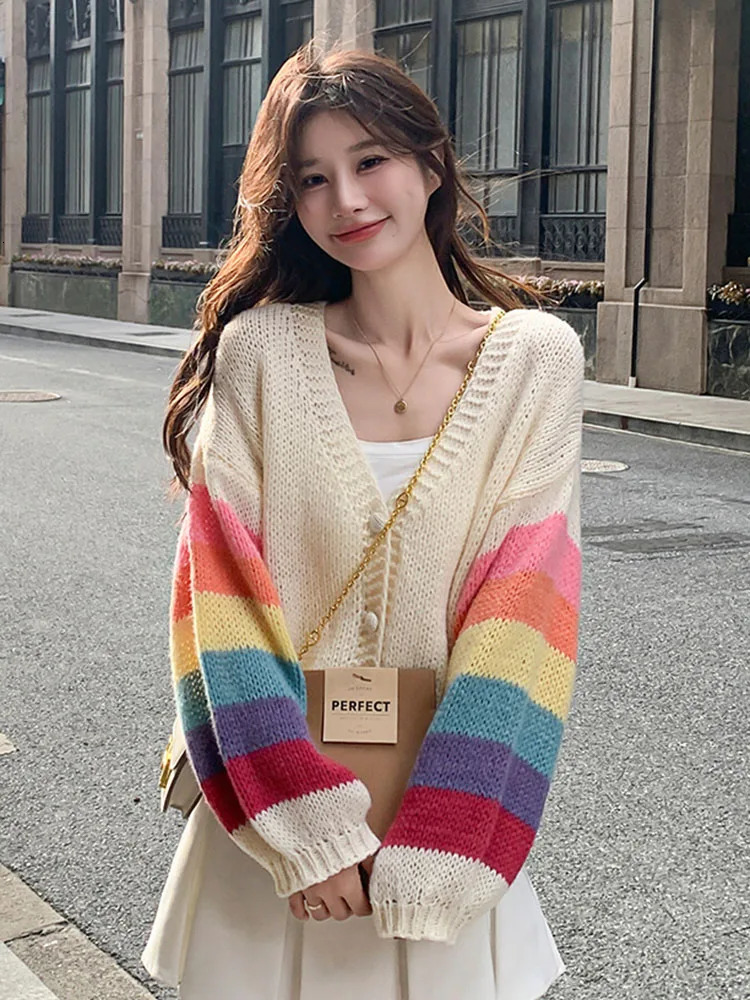 Fashion Rainbow Sweet Cardigan Sweater Casual Lazy Wind Korean Knitted Coat Chic V Neck Loose Long Sleeve Tops Outwear 241007