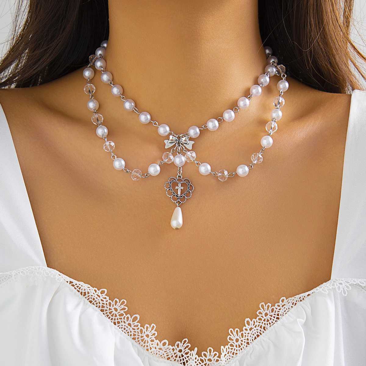 Salircon Vintage Heart Cross Pendant Necklace Gothic Multi layered Tassel Imitation Pearl Chain Choker Trend Party Neck JewelryX241009