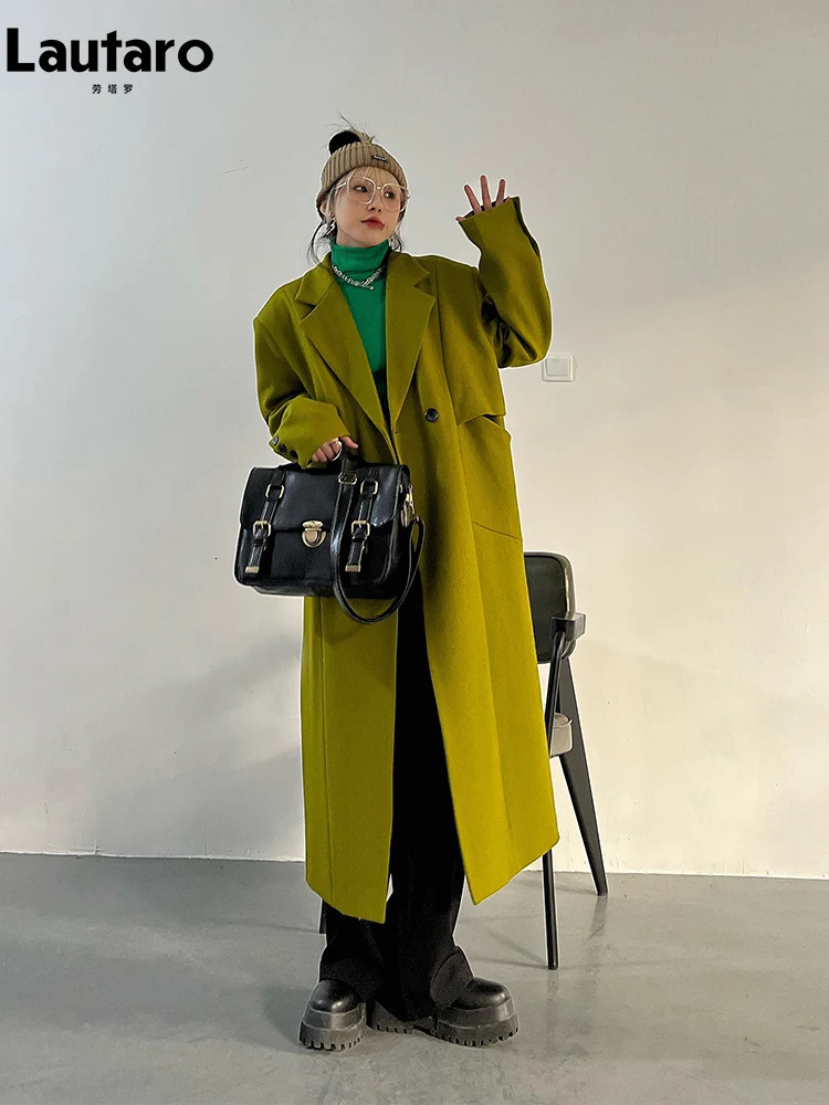 Lautaro Spring Autumn Long Green Oversized Trench Coat for Women Single Button Loose Casual Overcoat Korean Fashion 240930