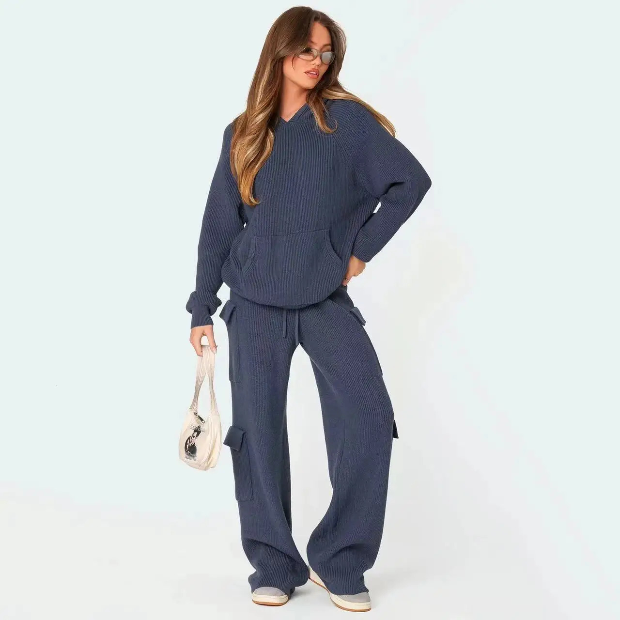 Knitted Multi Pocket Pants Set Fashion Hooded Sweatshirt Womens Long Sleeve Sweater Two Piece 241008