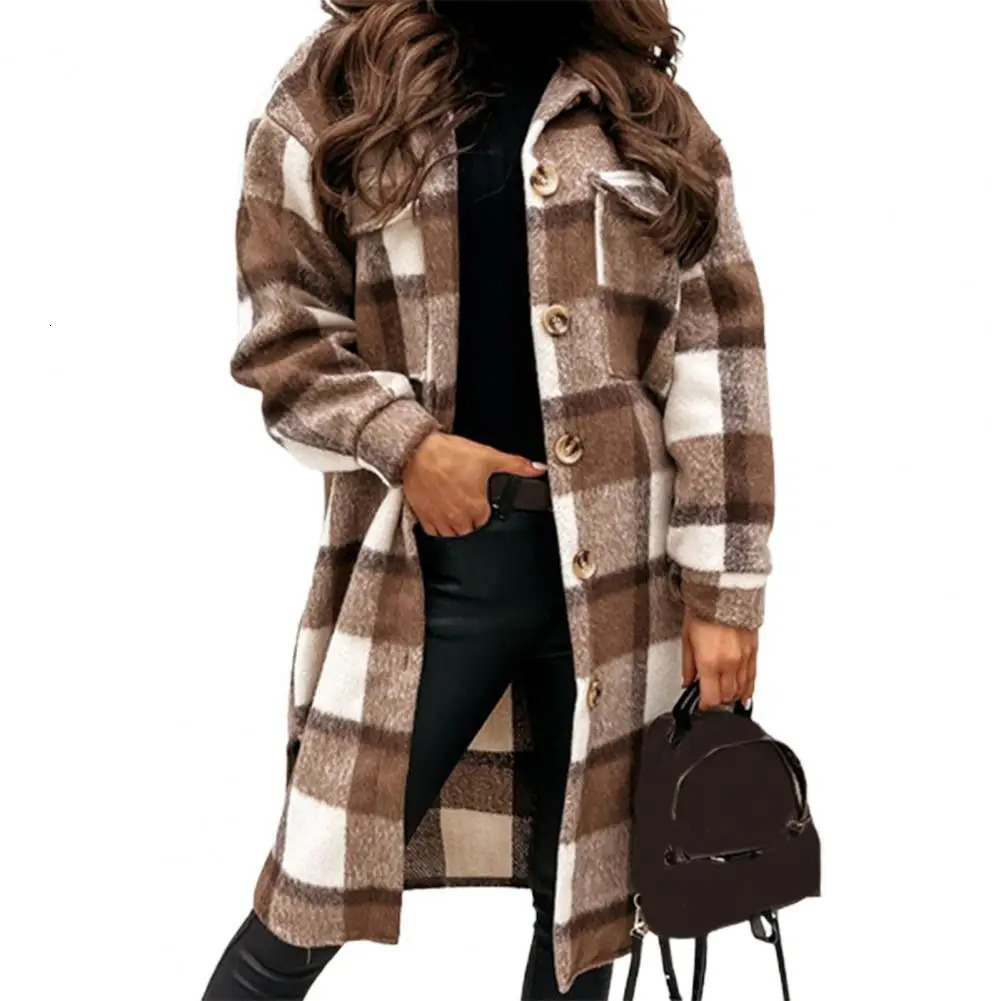 Autumn and winter womens coat long sleeved plain coat flip pocket wool coat outerwear outerwear 240927