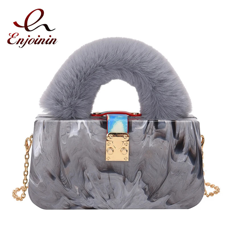 Artificial fur top handle acrylic party box clutch fashion wallet and handbag female er evening bag chain shoulder bag 241008