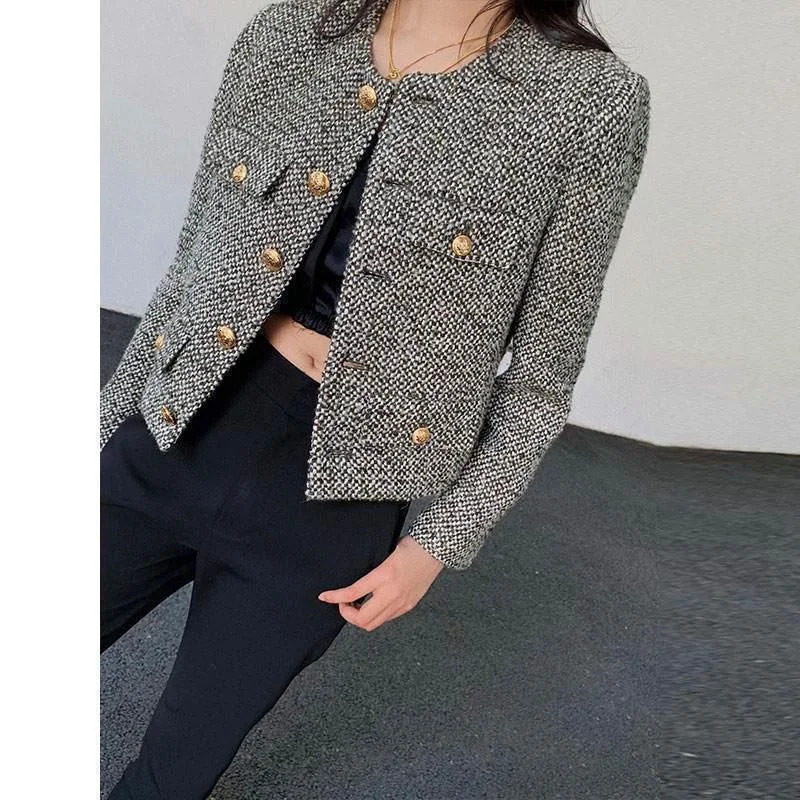 Womens tweed small perfume jacket single breasted jacket womens wool coat womens pocket coat black 240930