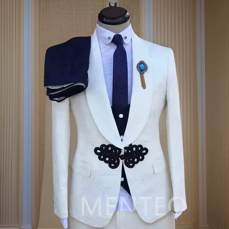 Formal Wedding Tuxedo for Groomsmen with Christmas Tree Buttons Shawl Lapel Men Suits Male Fashion Floral Jacket with Pants Vest 2024