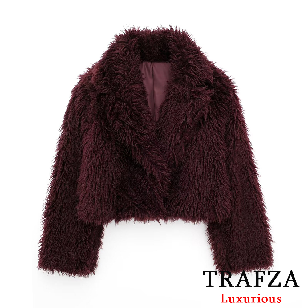 TRAFZA Casual Red Fur Jackets Women Long Sleeve V Neck Thick Autumn Winter Short Coats Fahsion 2024 Streetwear Warm Outwears