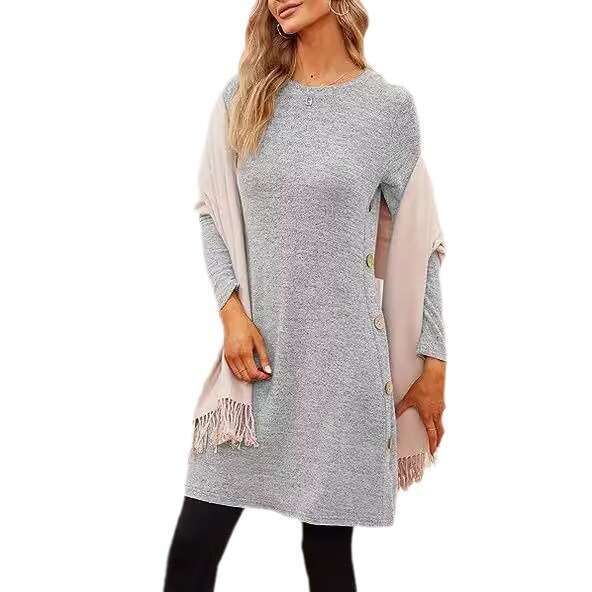 2024 long sleeved low round neck button up side dress with pockets womens clothing