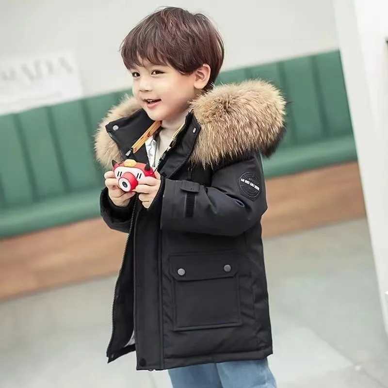 Down Coat 2024 New Boys Winter Jacket Thick Warm Coat Boys Parka Real Fur Hooded Snow Jacket Childrens Gloves 4 8 10 12 H241010