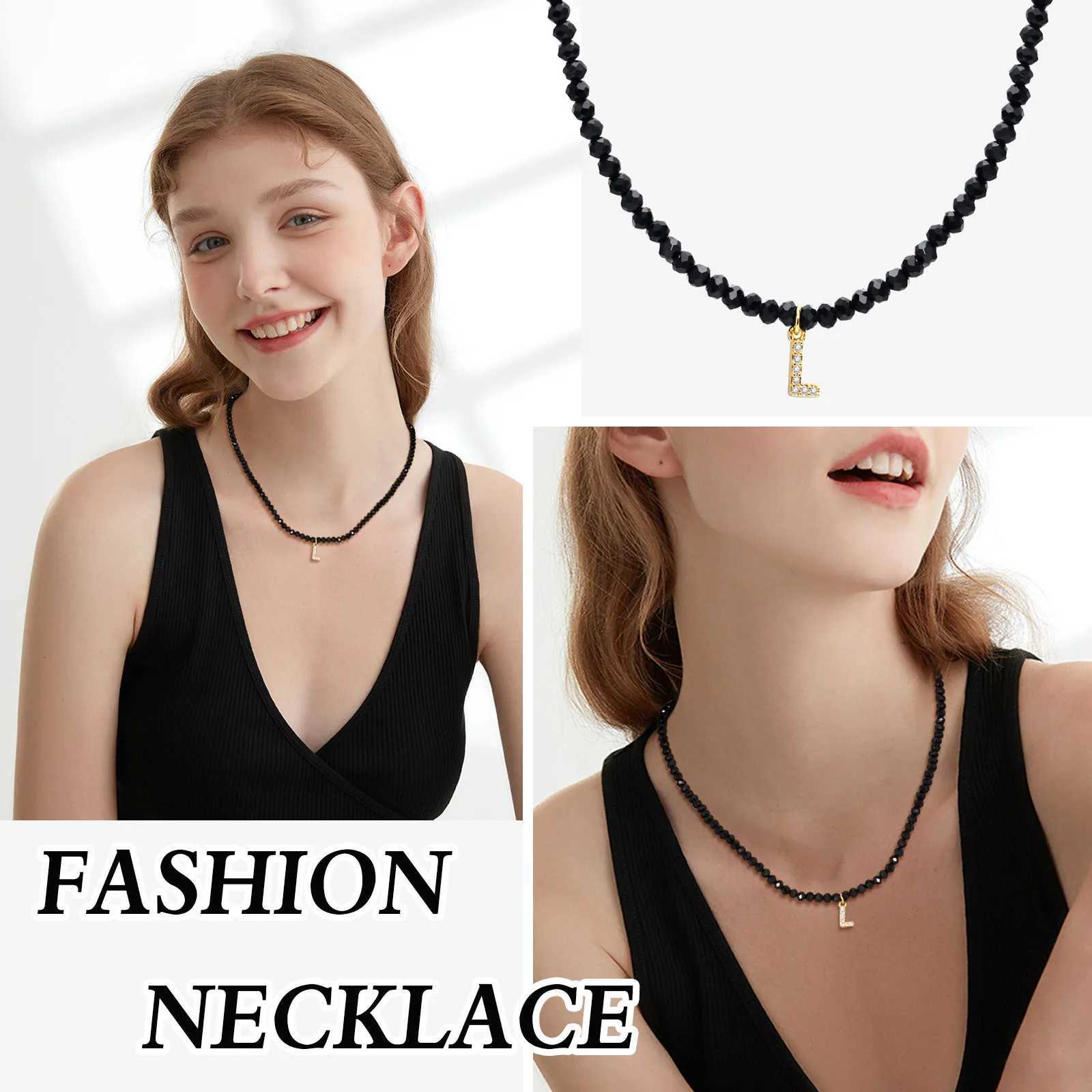 Vnox Gothic A-Z Initial Necklaces for Women Black Geometric Crystal Beads Choker 26 Letters Alpabet Stackable Chain NecklaceX241009