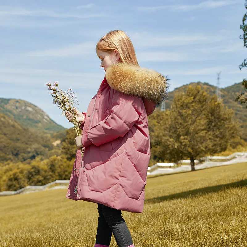 Down Coat Winter New Girl Down Jacket Real Raccoon Fur Childrens Snow Coat Thick Warm Set Youth Black Long Park XMP198 H241010