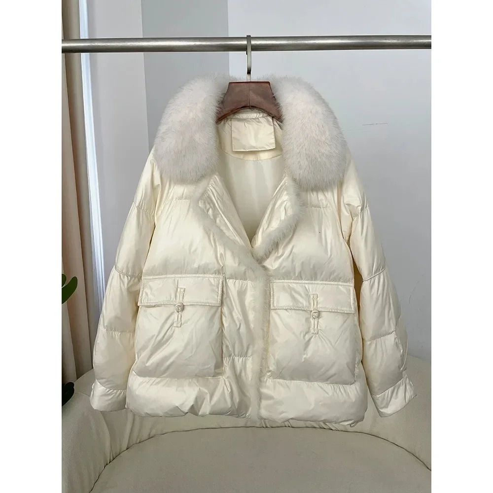 Korean style loose casual down jacket autumn fashion fox fur collar splicing 90% white duck sagging thick warm womens 241007