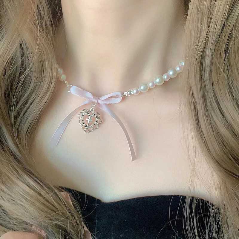 Bow Love Cross Imitation Pearl Pendant Necklace for Women French Romantic Sweet Lolita Clavicle Chain Harajuku Fashion JewelryX241009