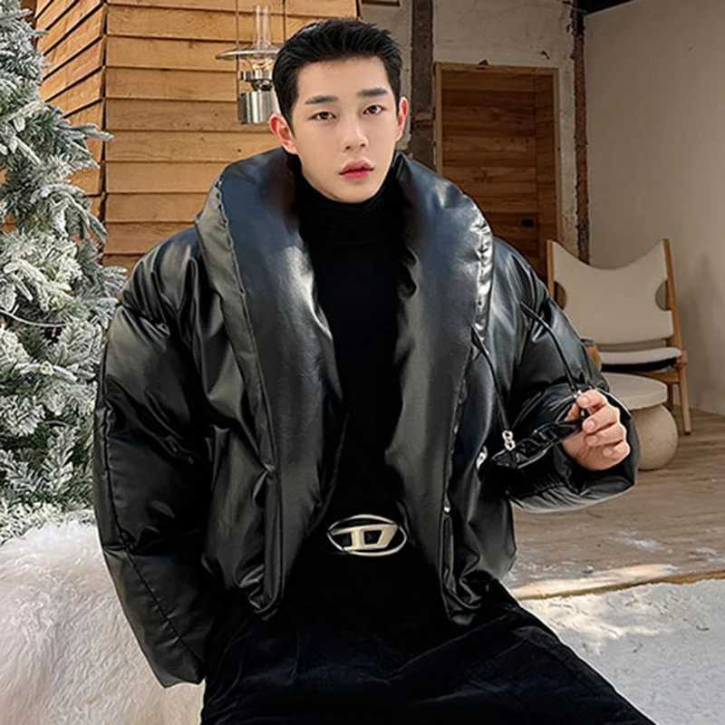 Men's Down Parkas IEFB American style mens PU leather down jacket solid color new trend mens park niche design cotton coat 2024 winter 9C4005 Y24