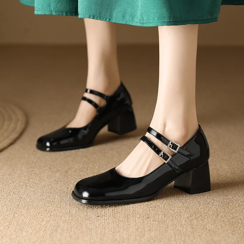 Spring Women Pumps 6cm Mary Jane Shoes French Double Strap Elegant Buckle Spring Autumn Patent Leather Burgundy Shoes 44 241007