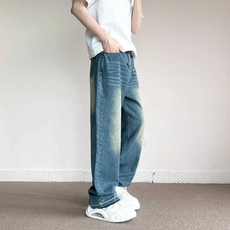Streetwear Vintage Blue Wide Jeans Men Korean Fashion Washed Casual Trousers Male Straight Personality Baggy Denim PantsX241009
