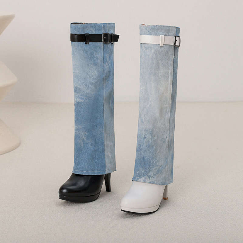 REAVE CAT Fashion Women Long Boots Splice Round Toe High Heels 10Cm Platform 2Cm Big Size 42 43 Bota 33