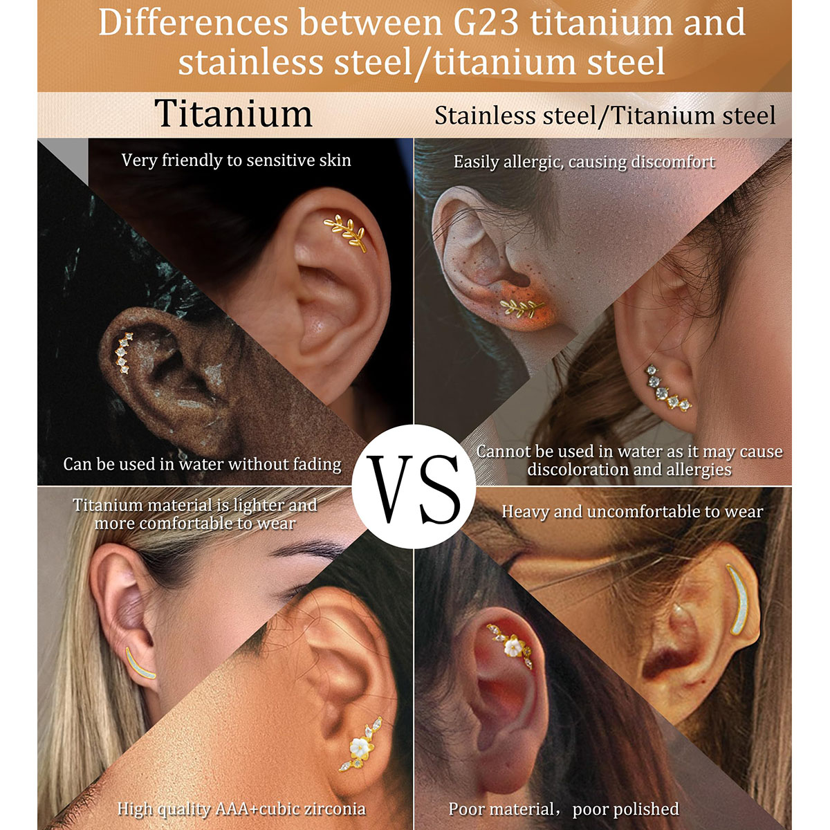 G23 Titanium Cartilage Earrings for Women 16G Pure Titanium Flat Back Stud for Sensitive Ear 14K Gold Cartilage Opal CZ Stud Earrings Internally Threa