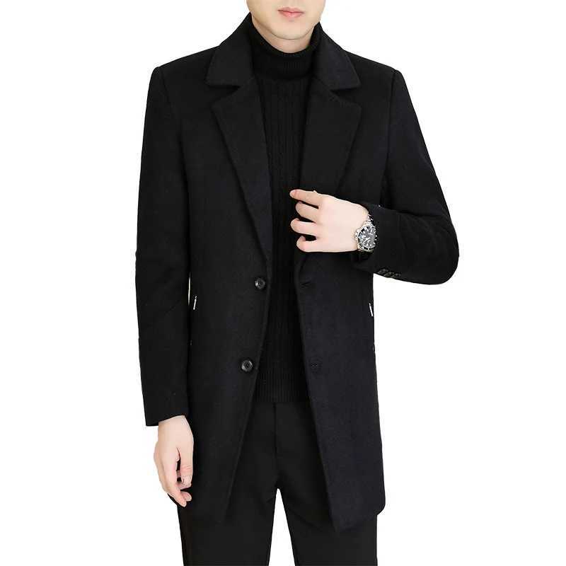 Korean Fashion Woolen Coat Men 2023 Winter Solid Color Long Casual Business Trench Coat Slim Fit Windproof Office Social Jacket LX241010